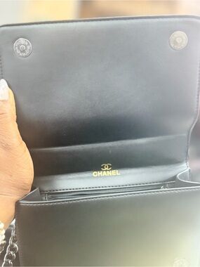 CHANEL Black Leather Small Chain Shoulder Bag with Gold Logo